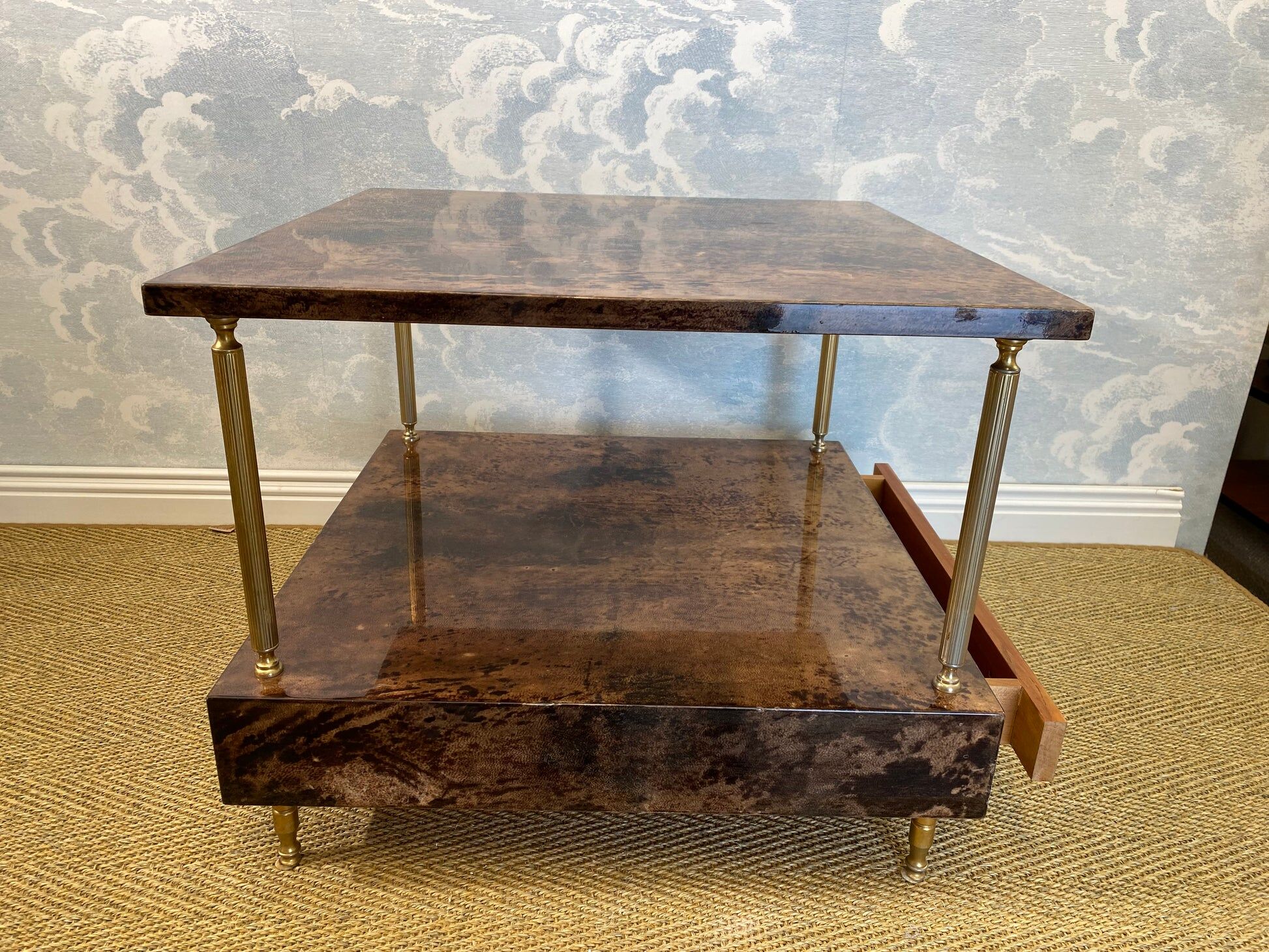Aldo Tura side table in hazel brown tones with brass legs and bottom drawer