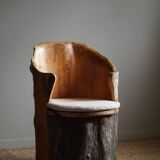 Sculptural brutalist armchair handcrafted in solid pine, Wabi Sabi style, Sweden, 1970s.