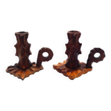 Two wooden candle holders