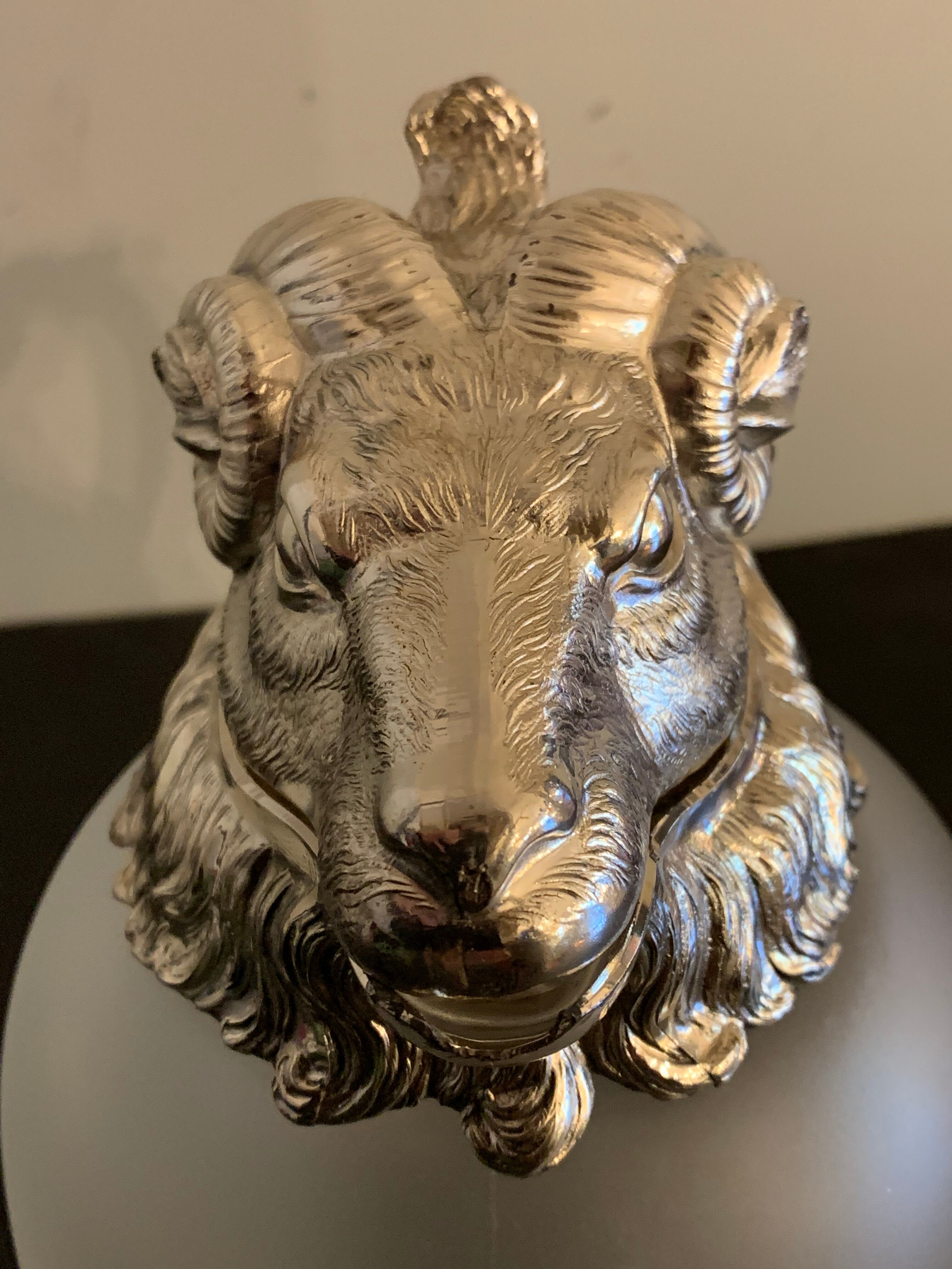 Decanting carafe or frosted glass water broc with silver metal ram head 1970