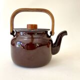 Scandinavian teapot, enameled iron and wood