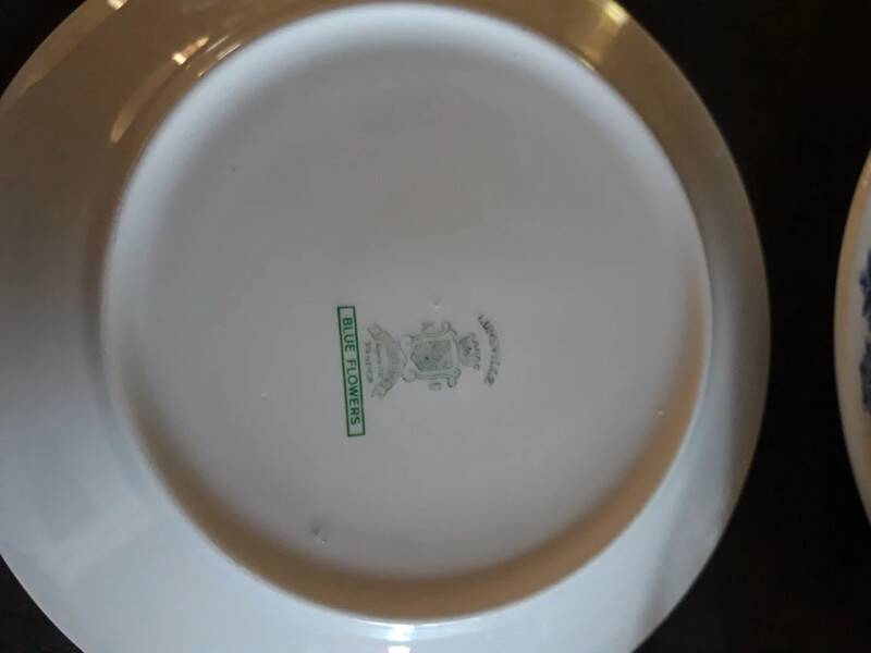 2 white cups + saucers with Luneville blue decor