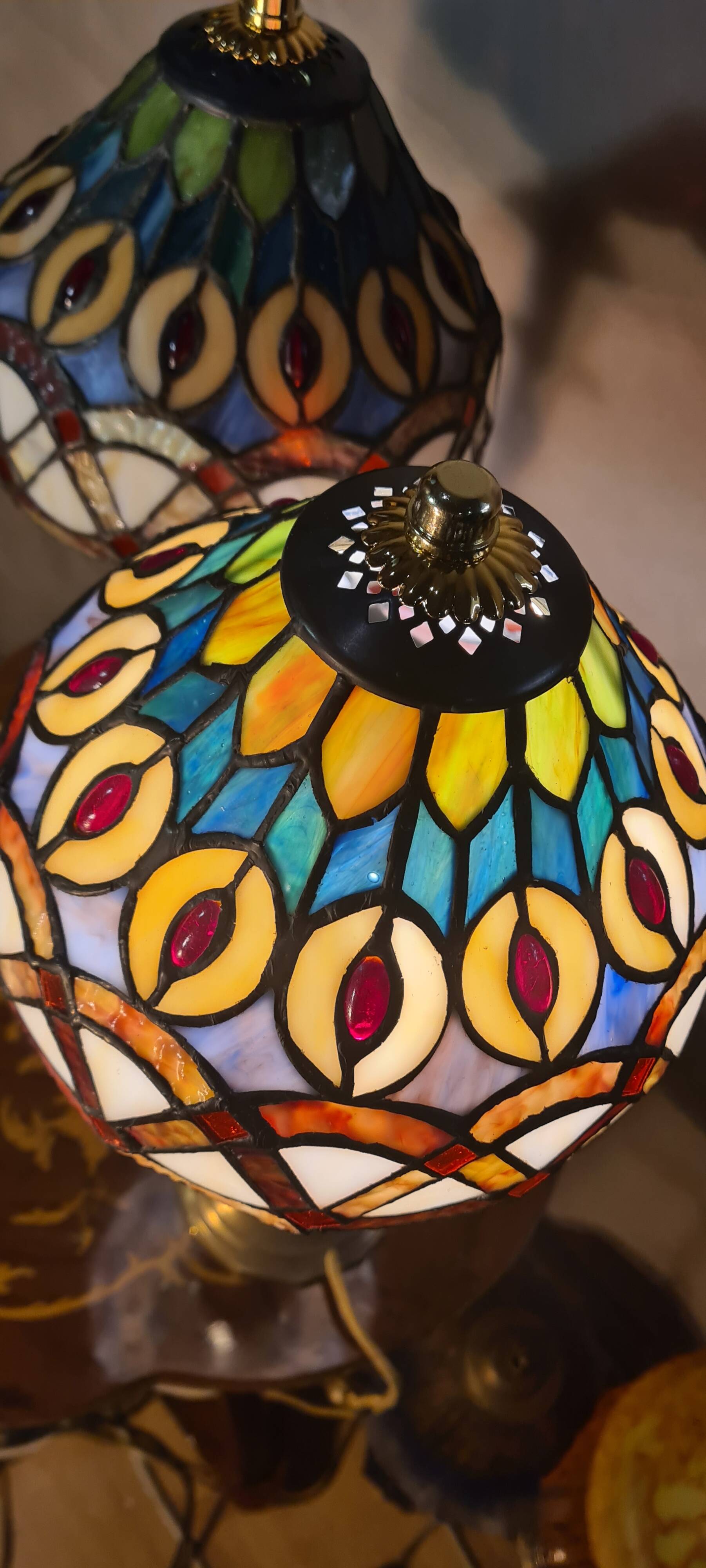 set of antique brass lamps with handmade stained glass, style