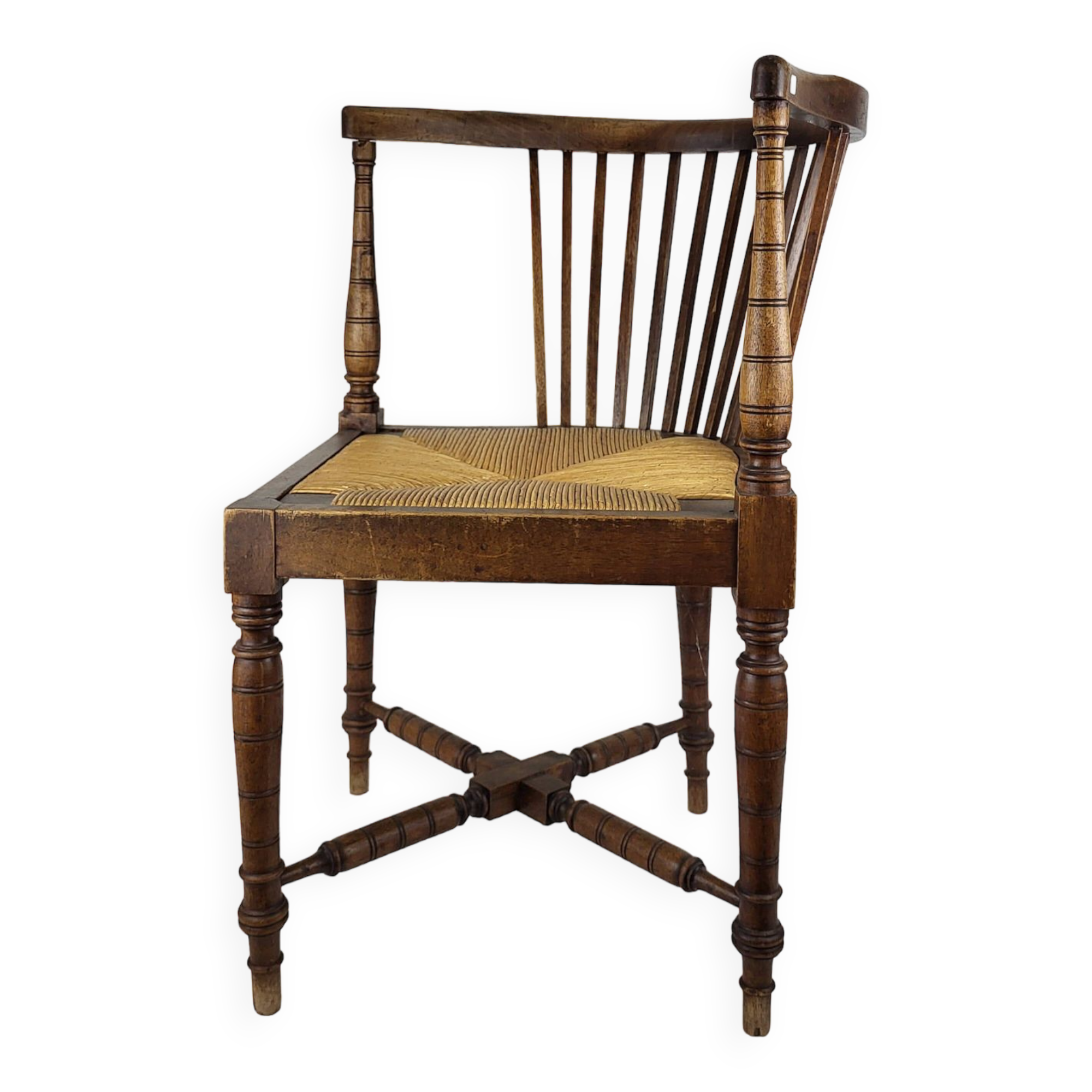 19th century English wood & straw corner armchair chair