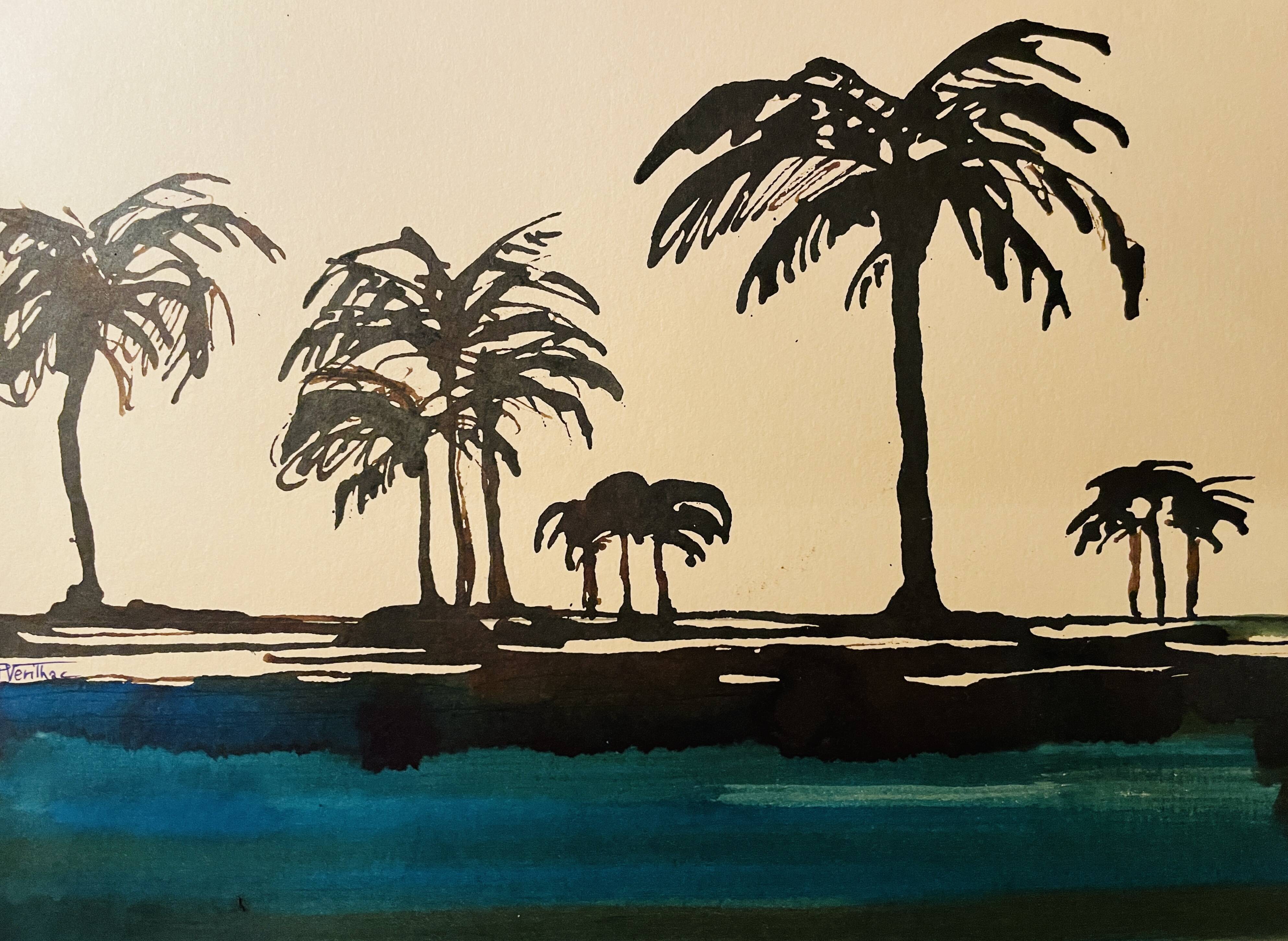 Watercolour painting in two colours signed "Twilight on the Nile"