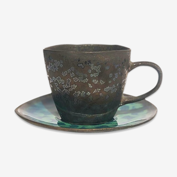 Tasse et soucoupe grès bronze ceramique artisanal