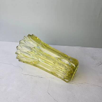 Large Czech vase in pressed glass, tinted yellow with geometric shapes.