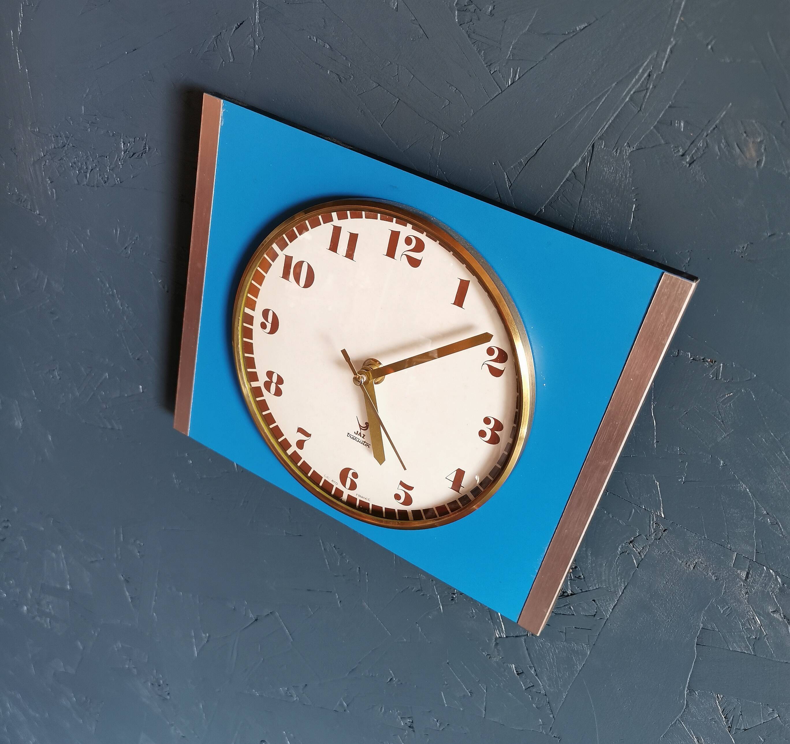 Vintage formica clock rectangular silent wall clock "Jaz golden blue"