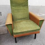 Pair of green vintage armchairs and brown skai