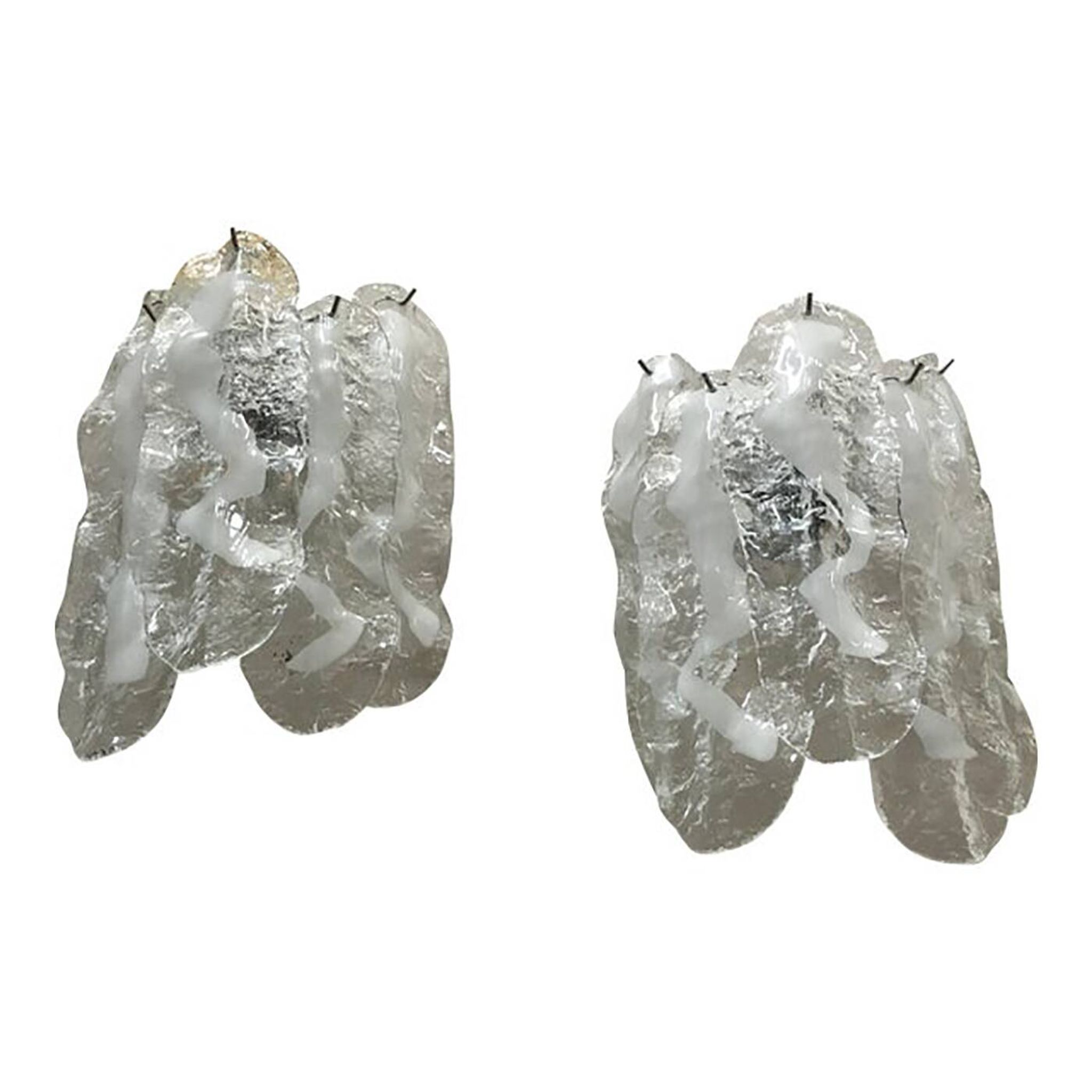Lot of 2 Transparent and White “Fiamma” Murano Glass Wall Sconces