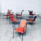 Wrought Iron and Leather Swirl Dining Chairs, Spain, 1960s, Set of 6