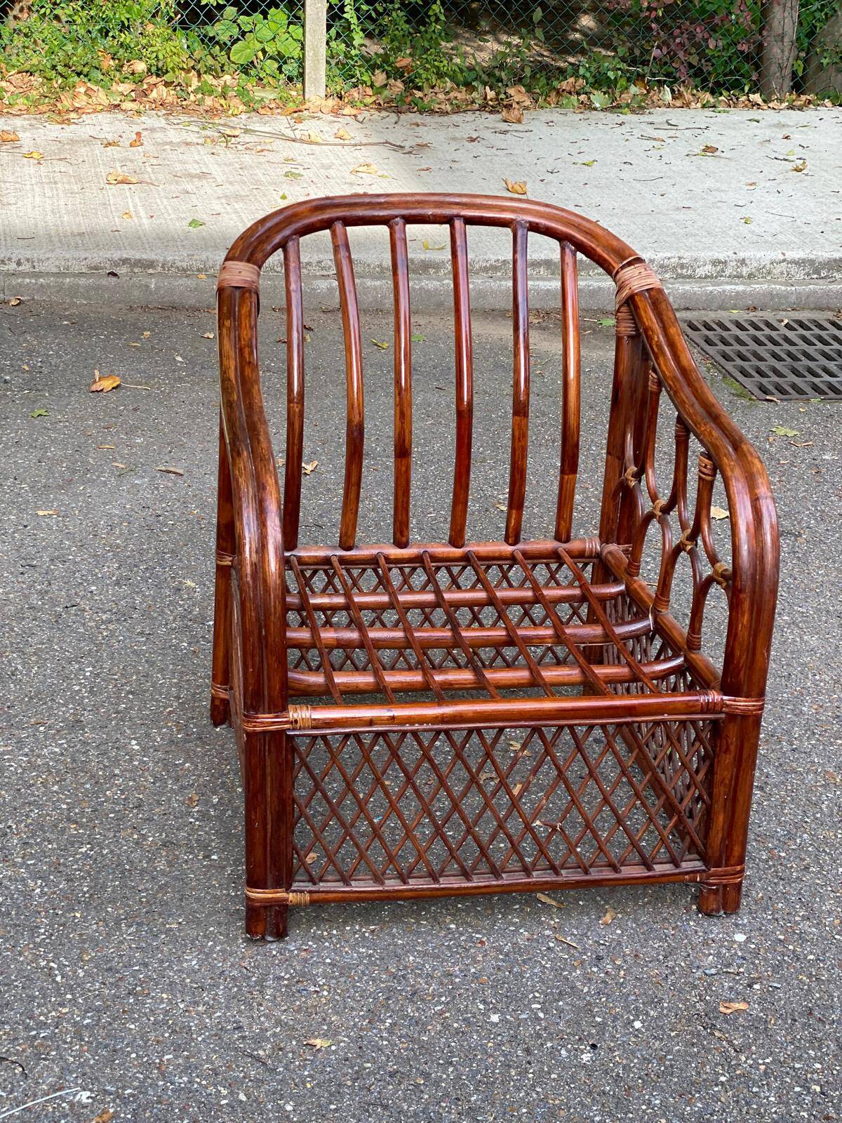 Adult burgundy rattan and wicker armchair with cushion 1970