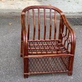 Adult burgundy rattan and wicker armchair with cushion 1970