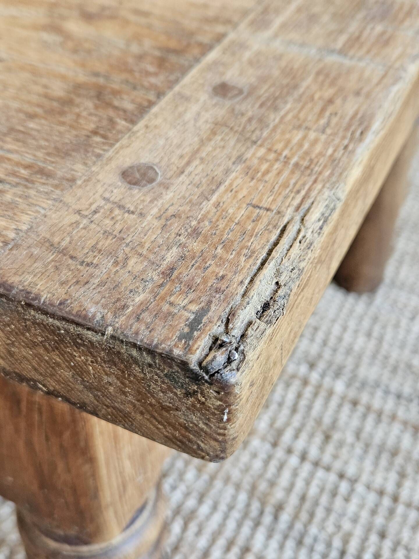 XXL coffee table in solid raw elm wood with 2 drawers, rustic antique.