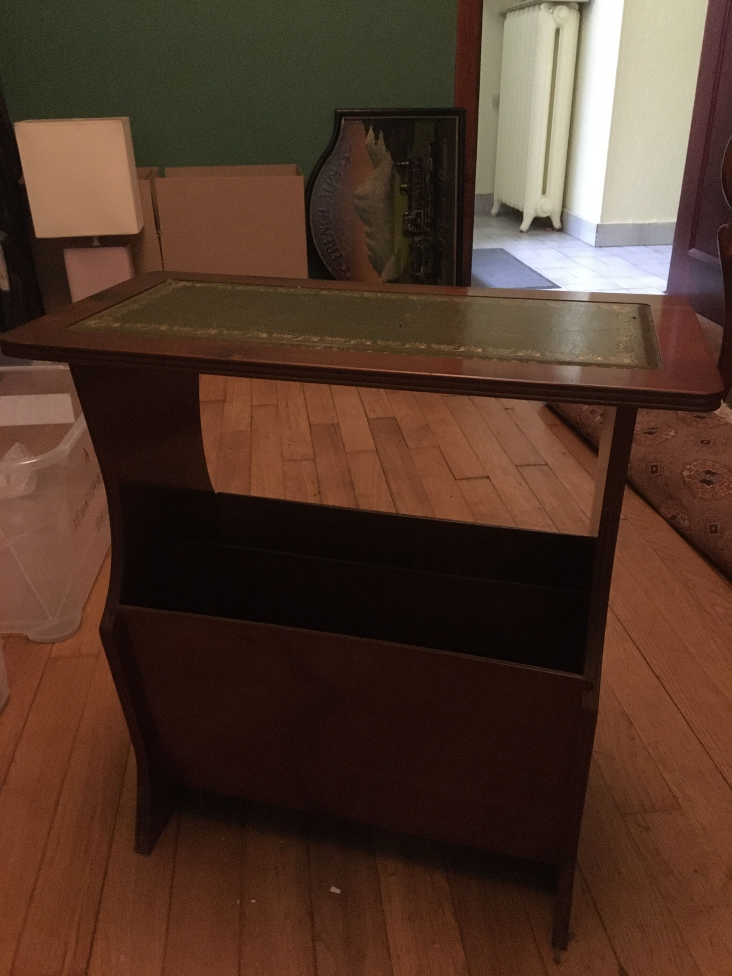 Mahogany magazine holder English style green leather