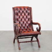 Red cowhide leather English Chesterfield armchair combined with wood