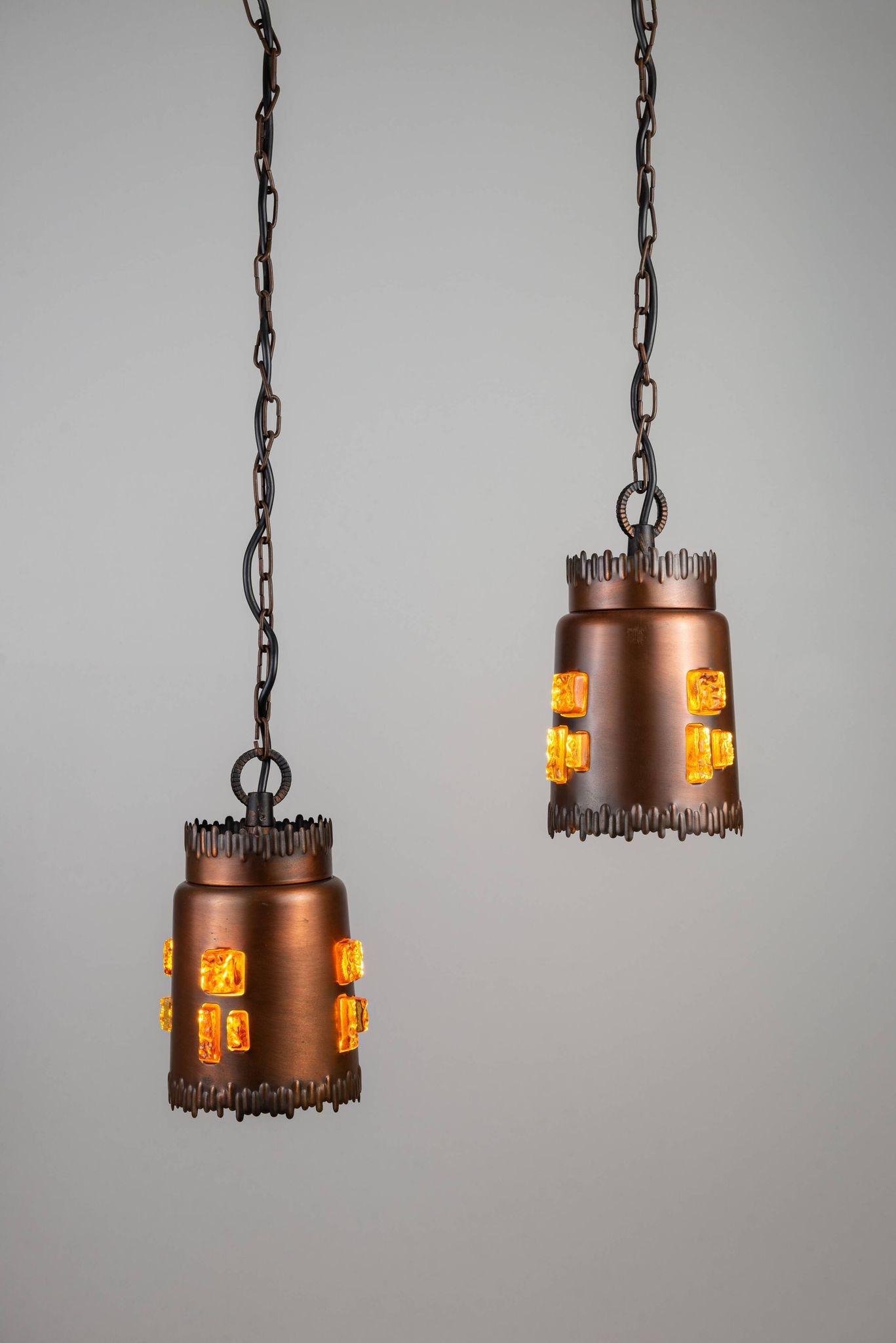 Josef Brumberg JBS Leuchten set of pendants with brass and amber glass