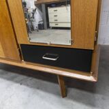 French wardrobe with tapered legs, 3 doors, 1 mirror (27*130), and 1 drawer.