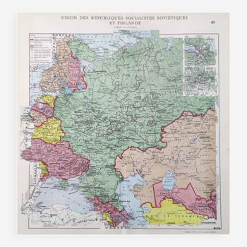 Carte vintage Urss et Finlande 43x43cm de 1950