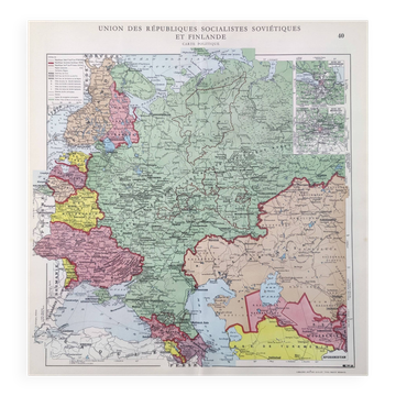Vintage map of the USSR and Finland 43x43cm from 1950.