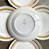 5 assiettes plates St Amand en faïence jaune et dorée