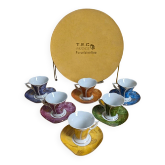 Coffee service for 6 cups "Tulip" in fine porcelain. T.E.C France. Vintage.