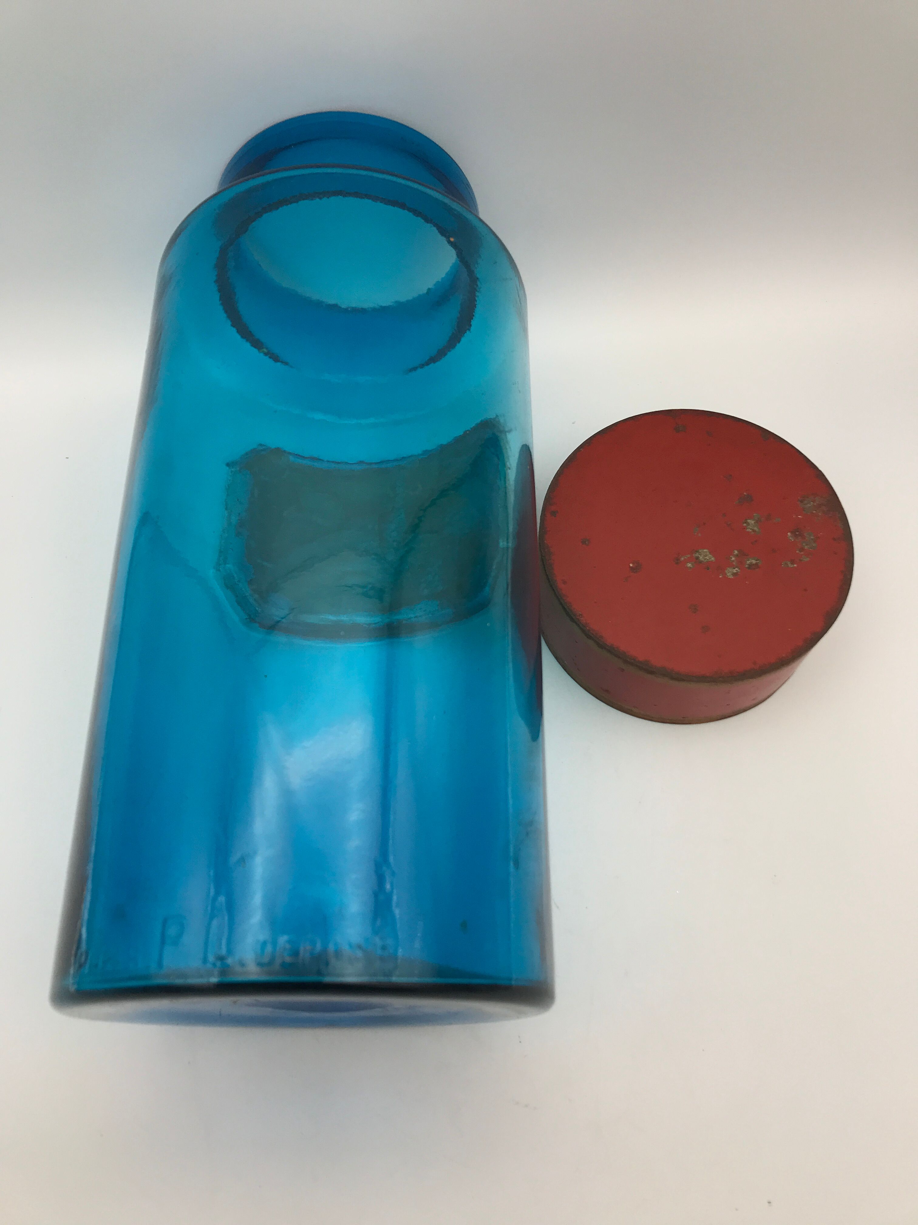 Flacon bocal de pharmacie apothicaire en verre bleu, plaque bourgeons de pin, 26,5 cm