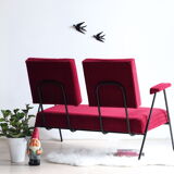 60s design sofa in metal and red velvet