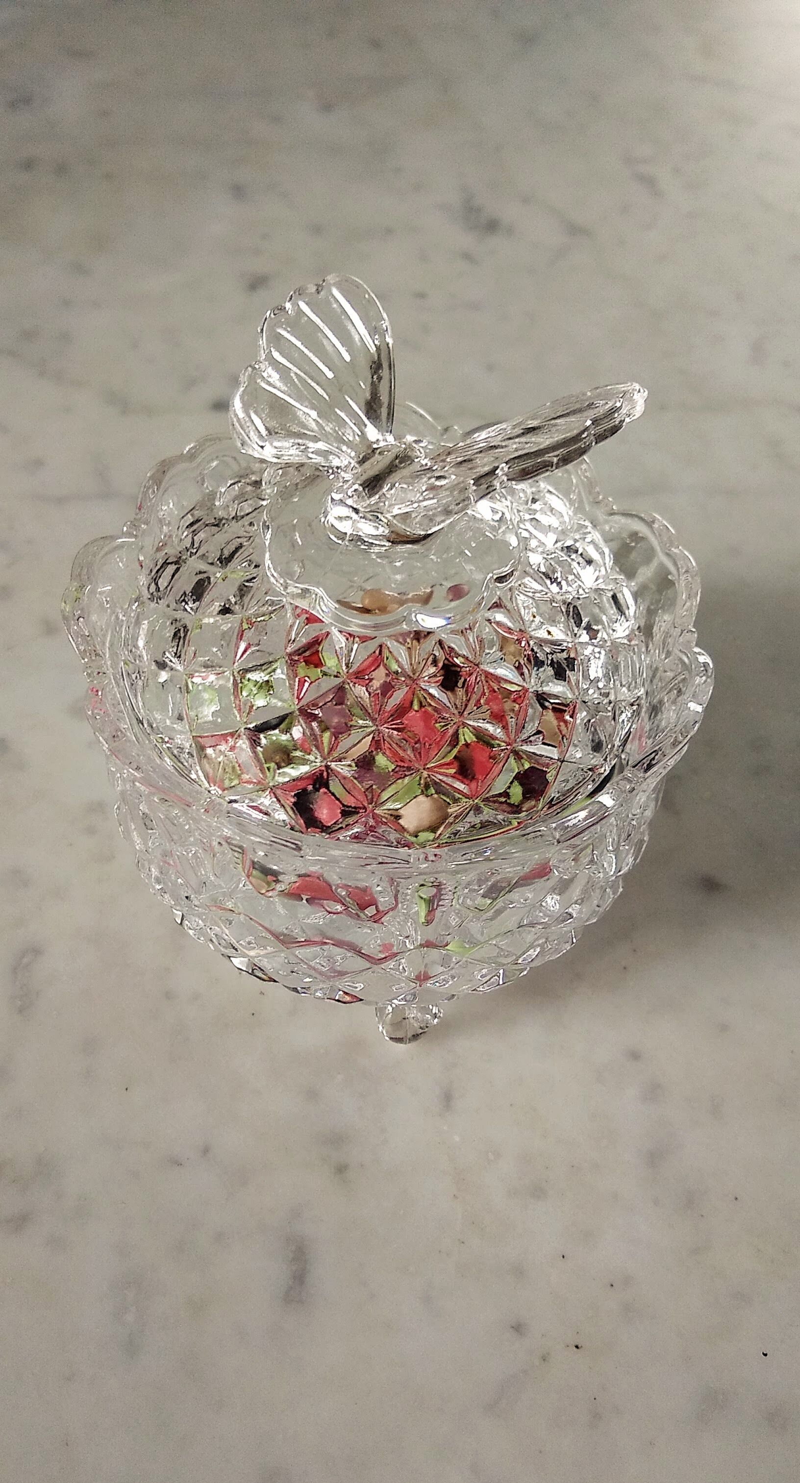Glass bonbonnière cut with a butterfly pattern