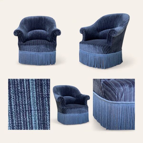 Fauteuil crapaud velours bleu jean