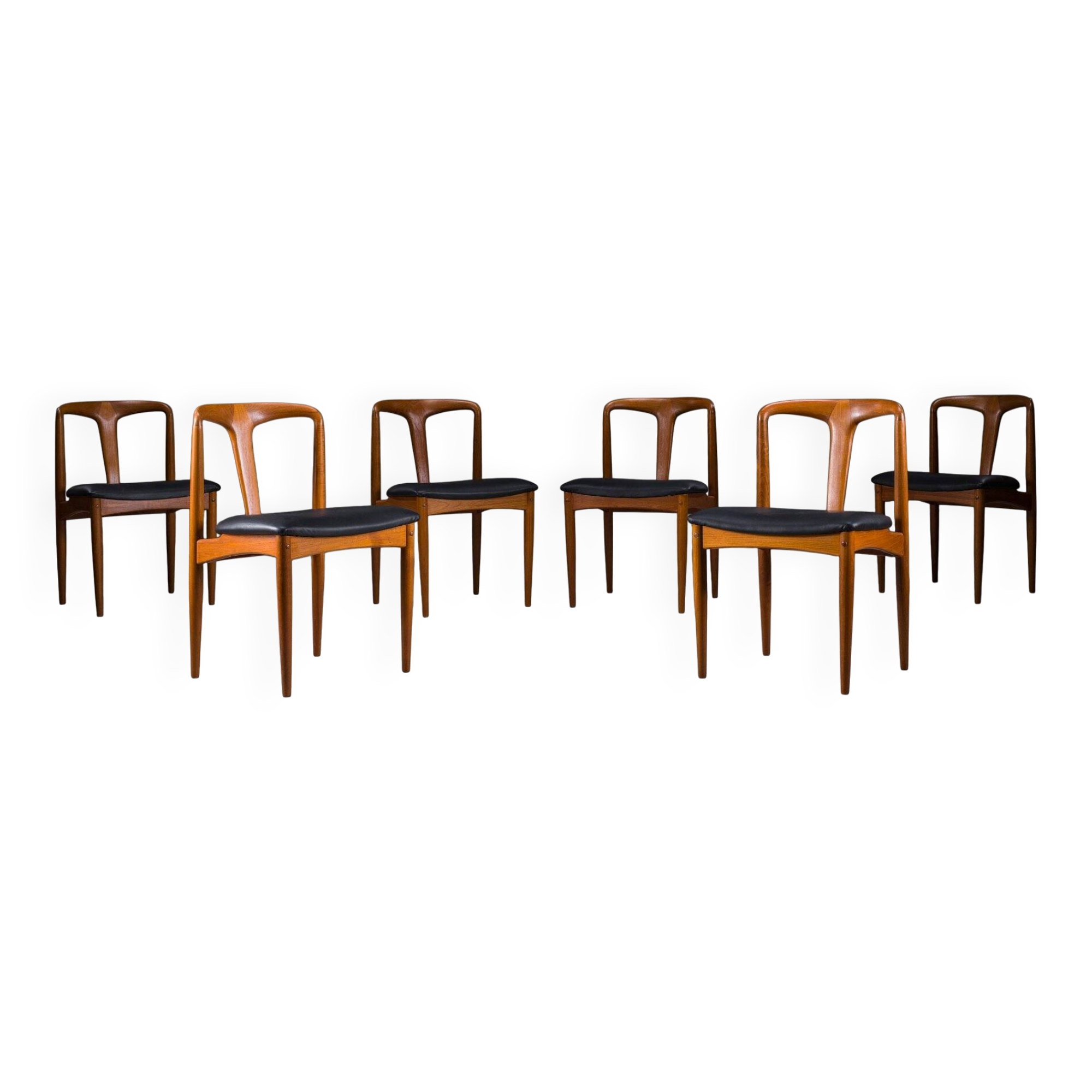 Juliane dining chairs in teak and black leather by Johannes Andersen for Uldum Møbelfabrik, Denmark, 1960s, set of 6