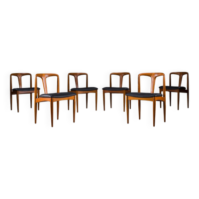 6 chaises de salle à manger Juliane en teck et cuir noir par Johannes Andersen pour Uldum Møbelfabrik, Danemark, années 1960