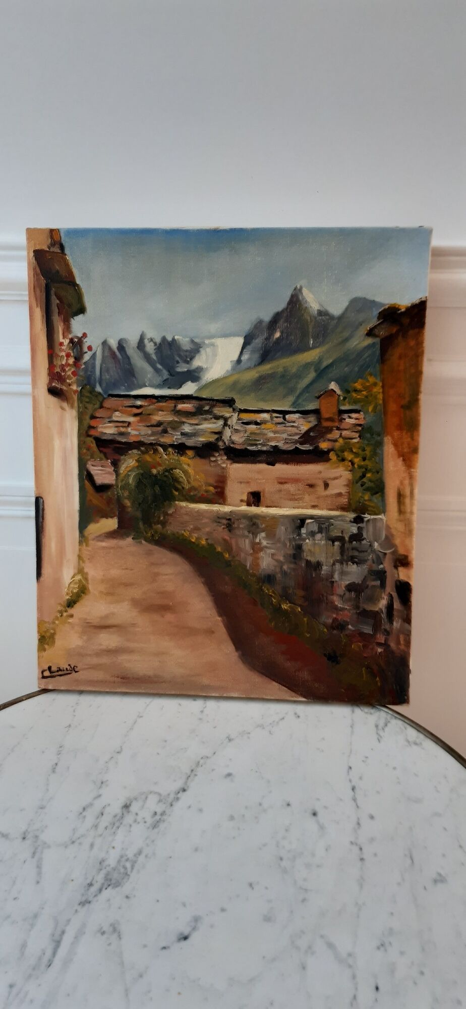 Oil on canvas painting and mountain landscape frame signed