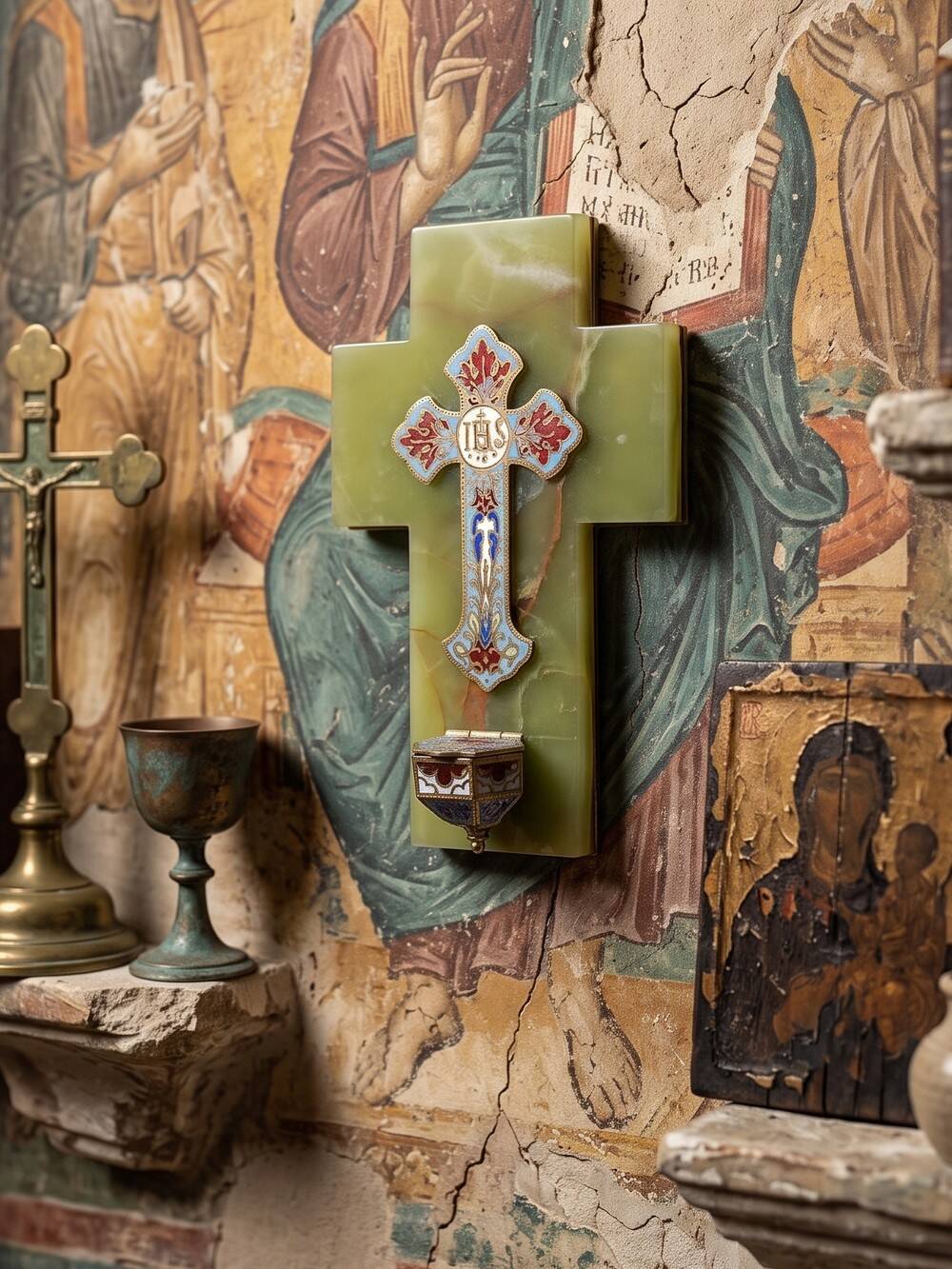 Vintage wall-mounted holy water font in onyx and cloisonné enamel, Italy, 1960s-1970s.