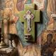 Vintage wall-mounted holy water font in onyx and cloisonné enamel, Italy, 1960s-1970s.