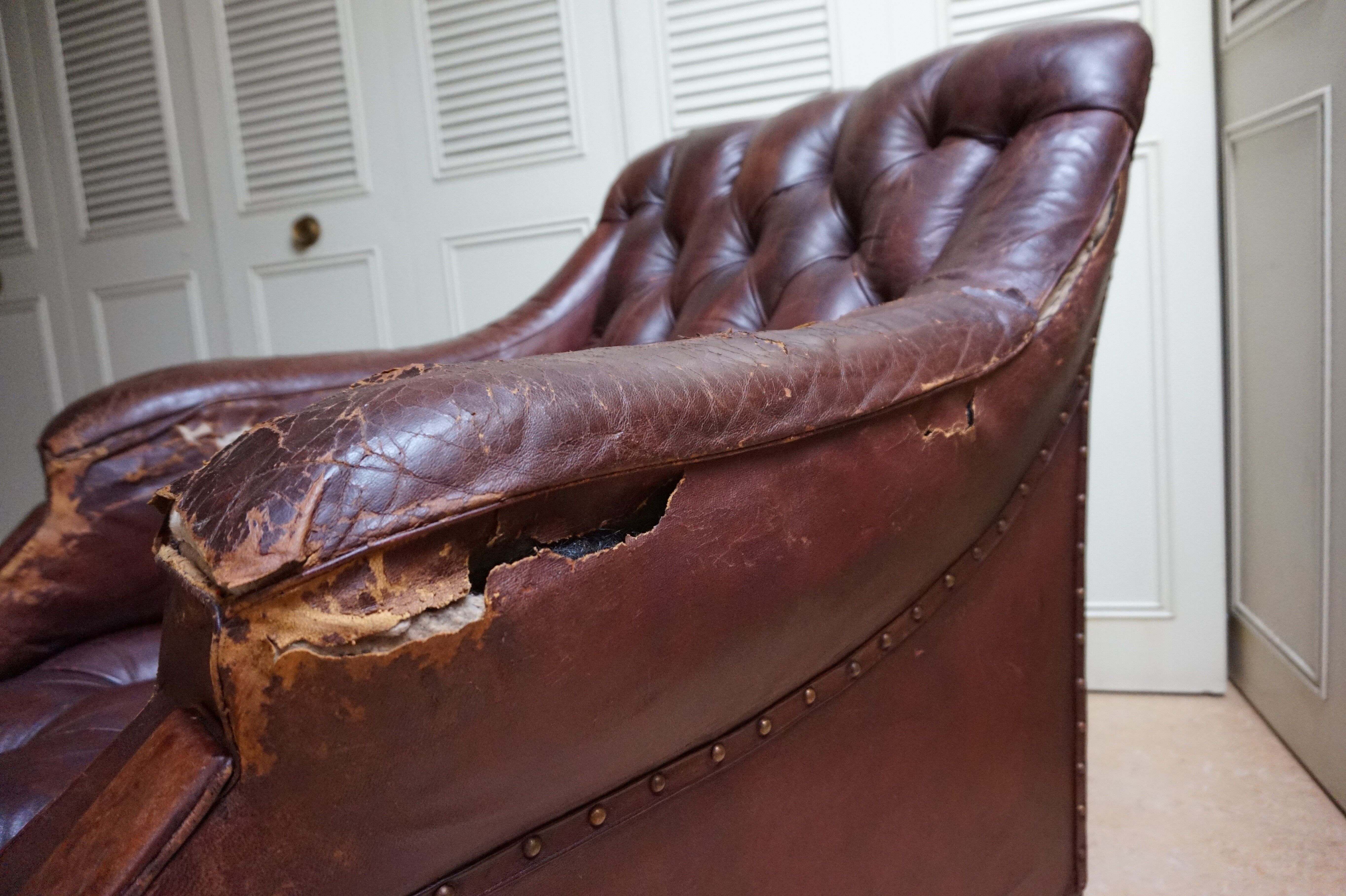 Worn Leather Buttoned Library Fireside Armchair, 1840's