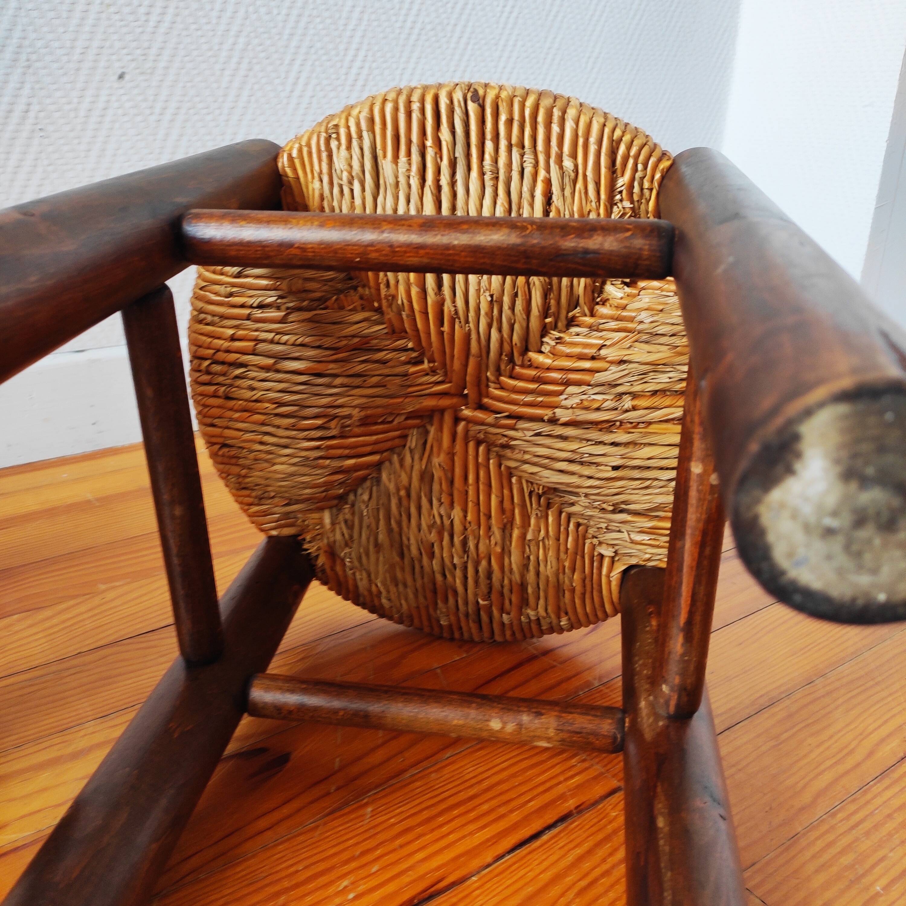 Brutalist wooden and straw stools - France 1950