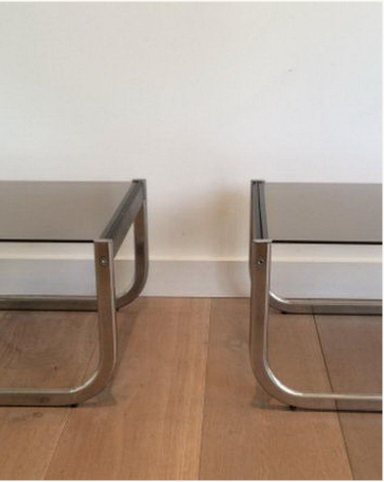 Pair of sofa ends in chrome, blackened wood and glass