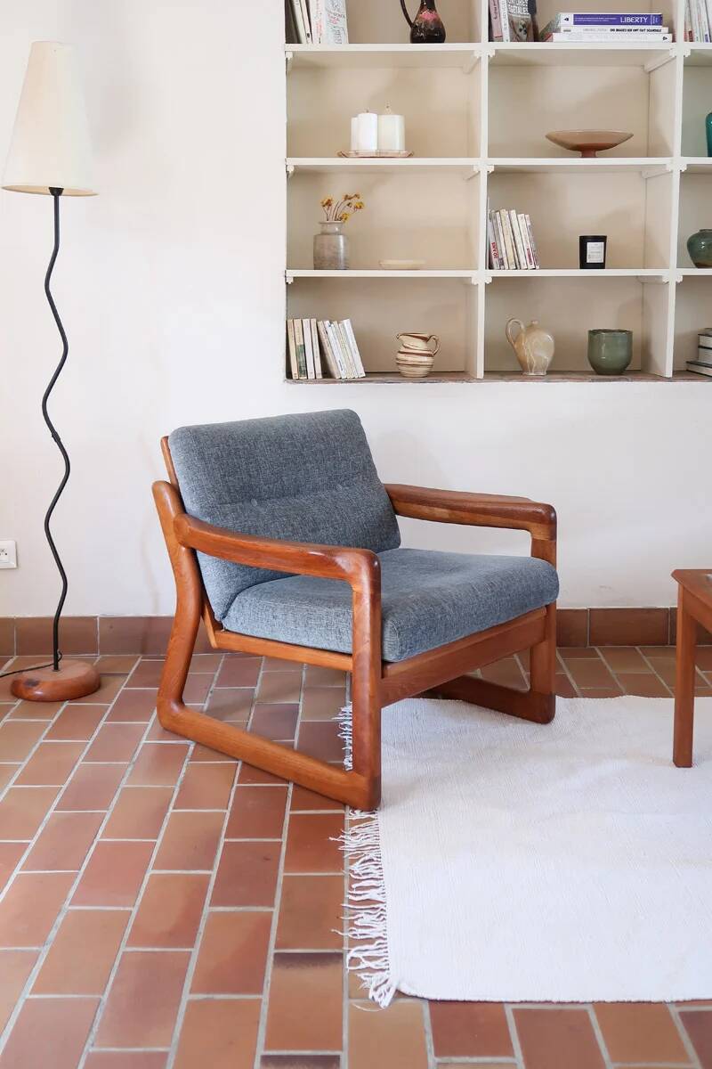 Scandinavian armchair in teak Komfor, blue-grey fabric, 1960s, sled base (2 available)