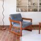 Scandinavian armchair in teak Komfor, blue-grey fabric, 1960s, sled base (2 available)