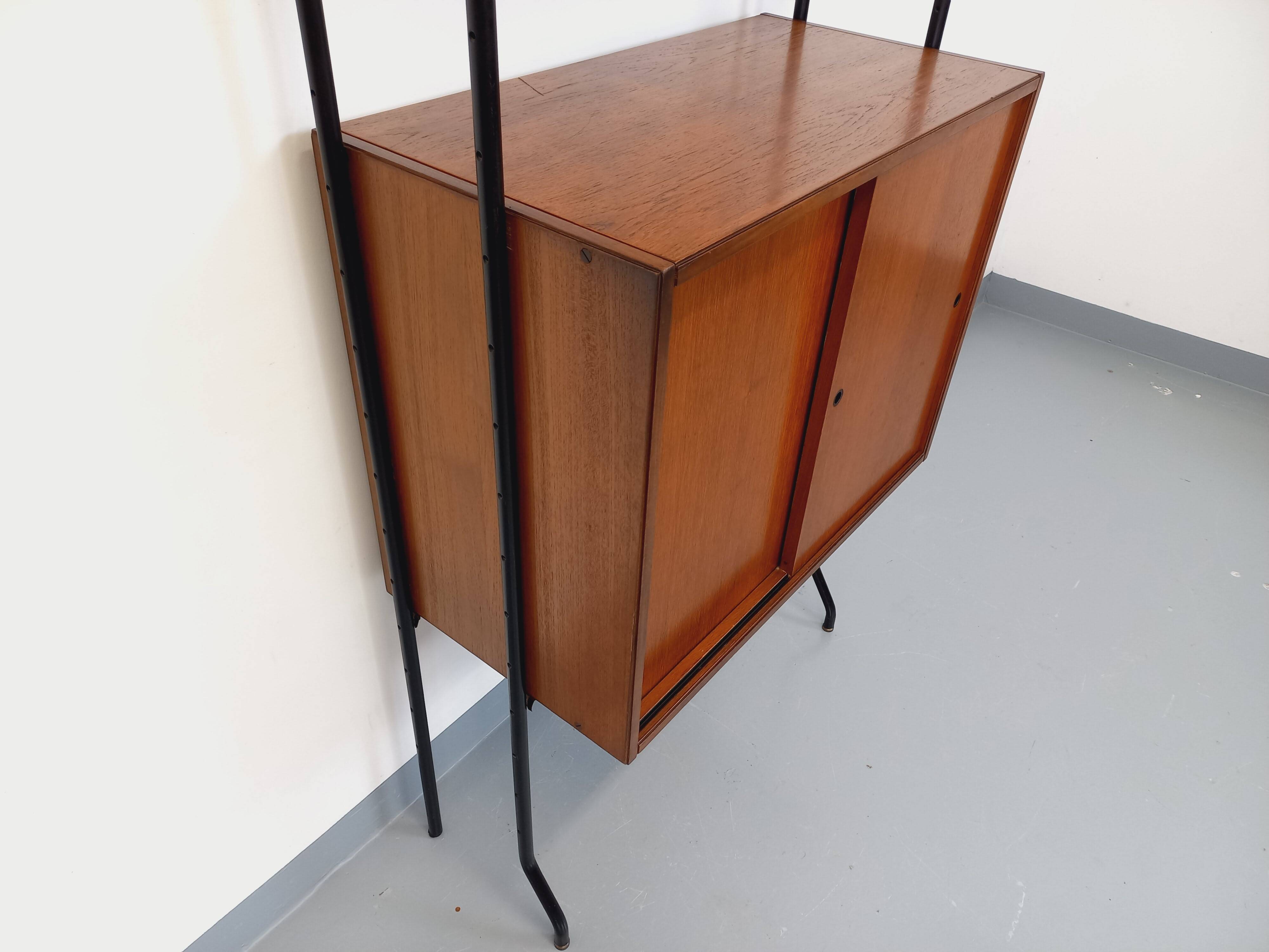 Vintage Italian modular shelving unit in teak and metal from the 1970s