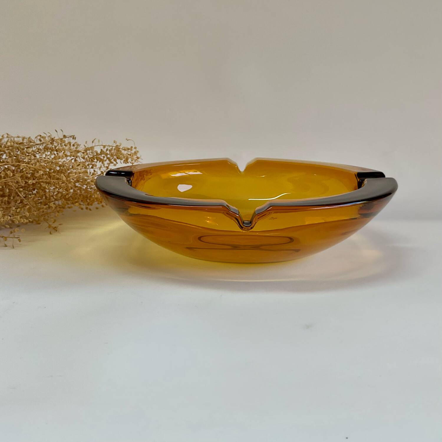 Amber vintage glass ashtray tray