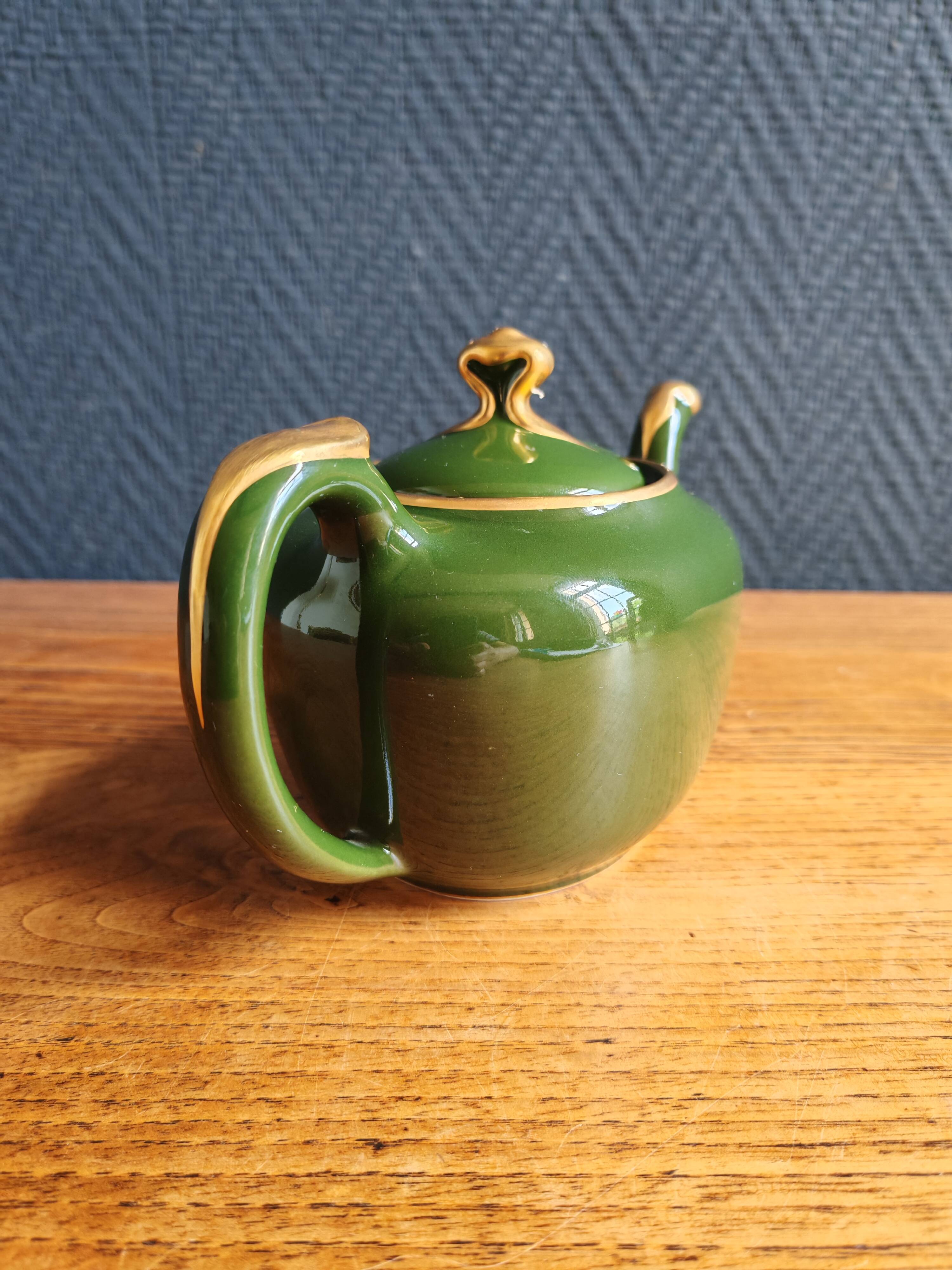 Vintage Teapot Mehun France Numbered, Green and Gold Porcelain