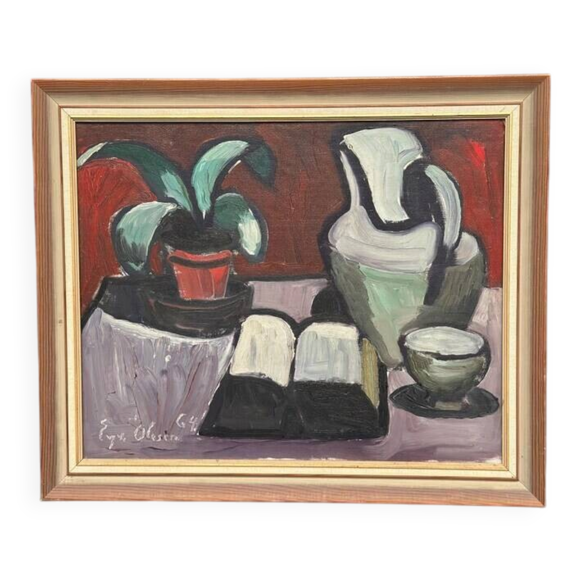 Original Swedish Oil on Canvas – “Pitcher and Plant” by Evy Olesen
