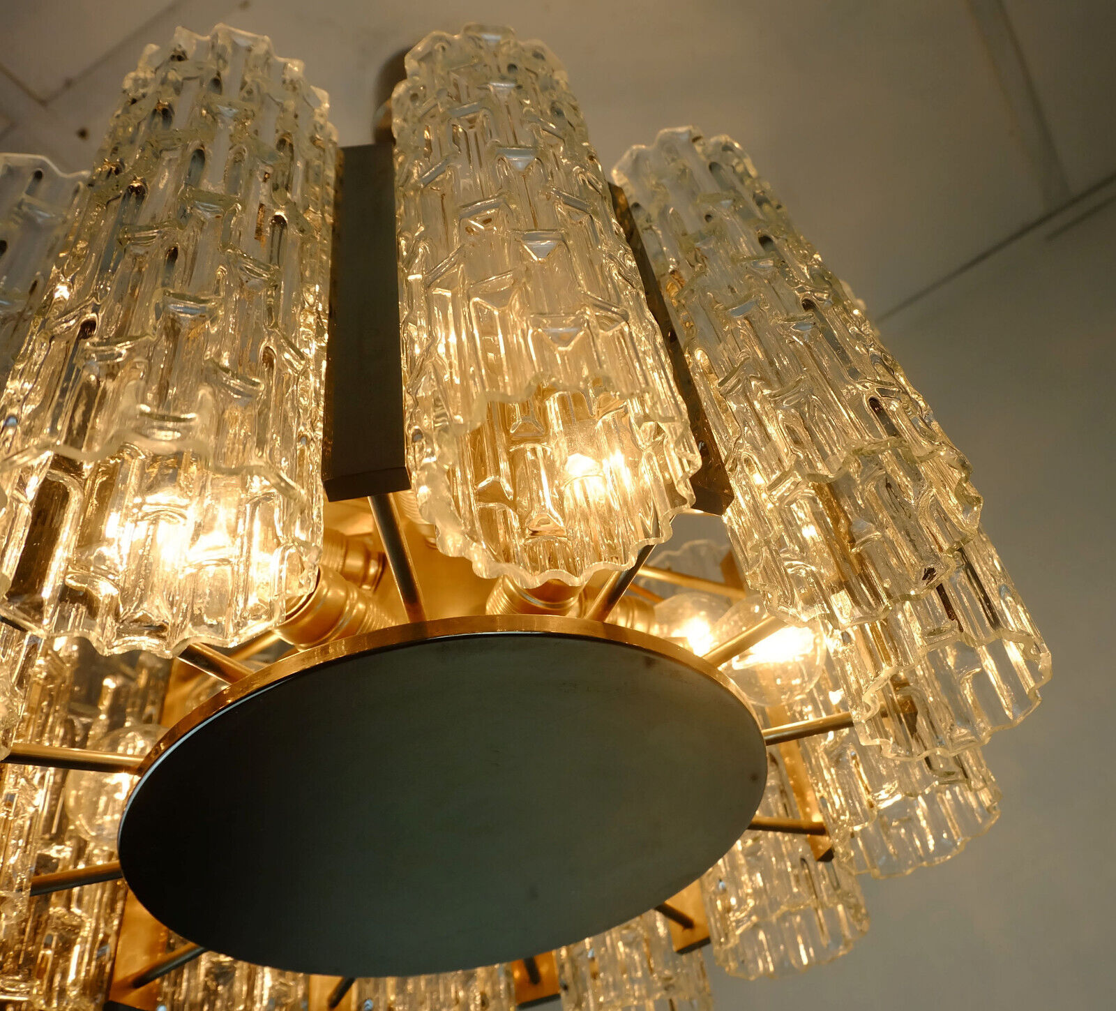 1960s kaiser mid century CHANDELIER chrome hanging light with 12 glass tubes