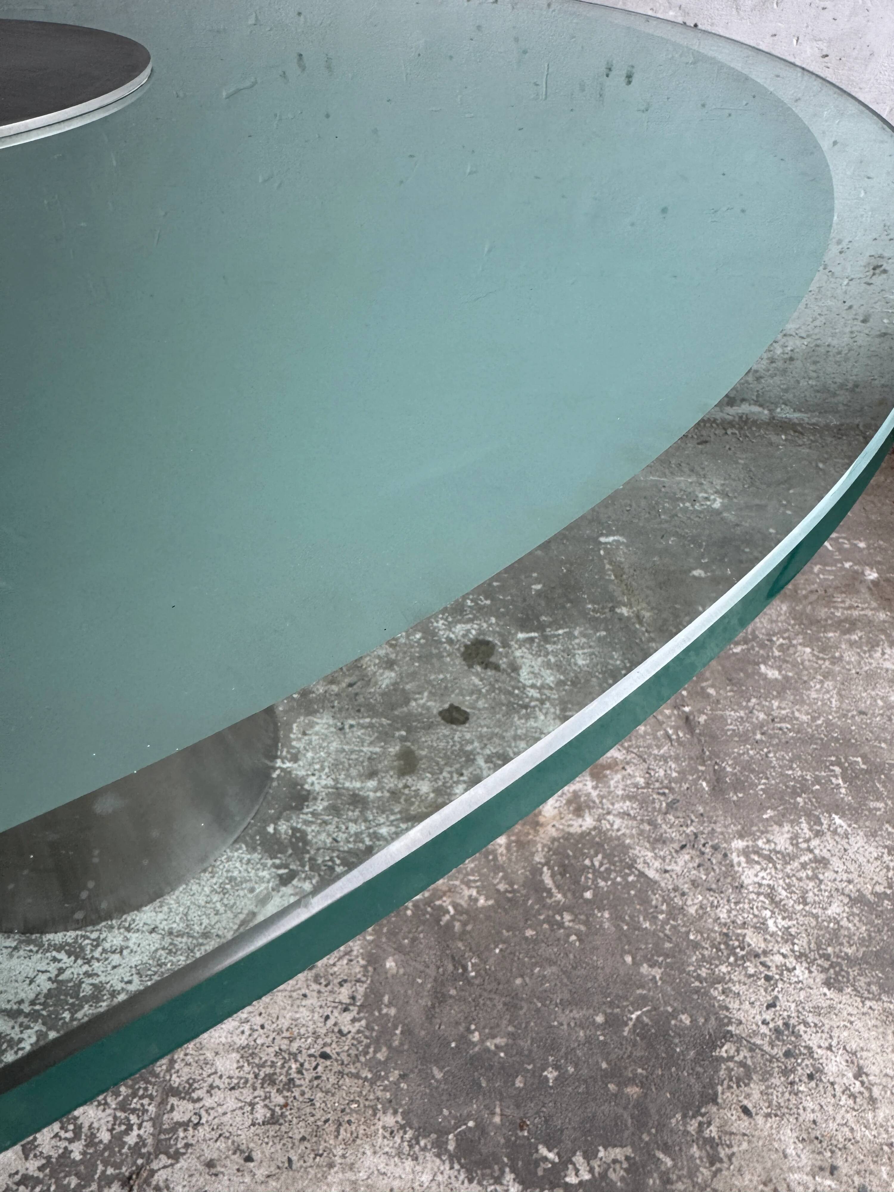 Translucent Frosted Glass Round Dining Table with Brushed Stainless Steel Pedestal — Industrial 1990s