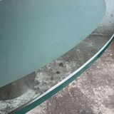 Translucent Frosted Glass Round Dining Table with Brushed Stainless Steel Pedestal — Industrial 1990s