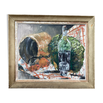 Still life oil on old framed canvas