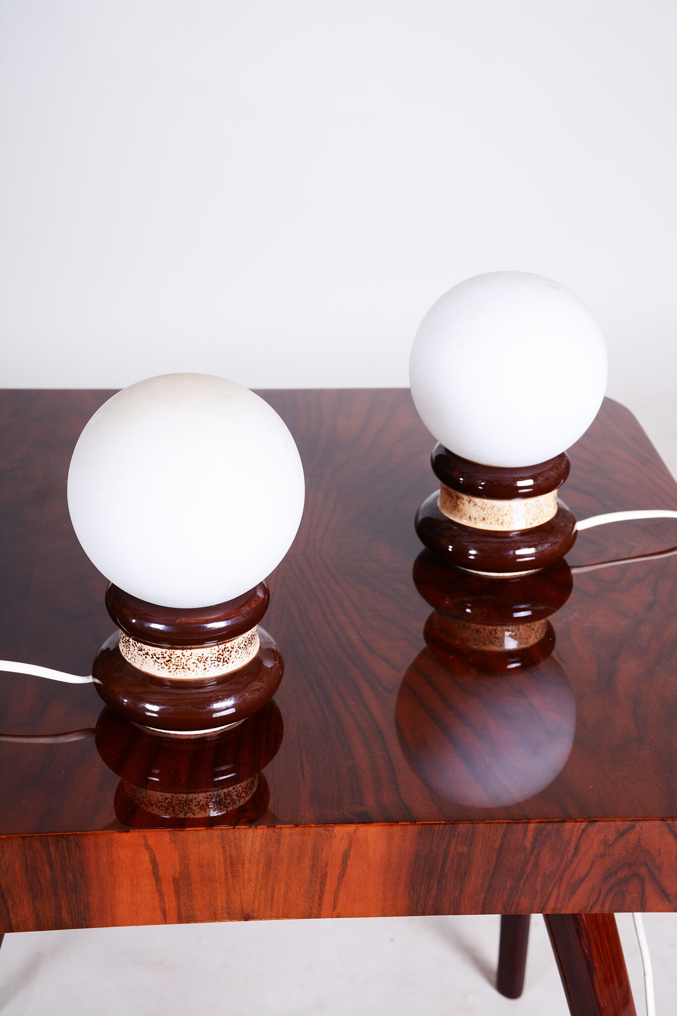 Pair of midcentury table lamps, ceramics, opal glass, functional, czechia, 1950s