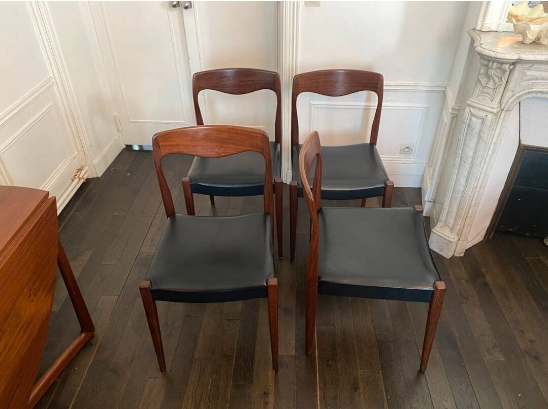 Set of 4 vintage designer chairs in teak and black skai 60's